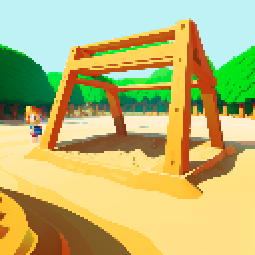 sand pit filled with quicksand, platforms with crude giant slingshots, clear and bright weather, pixel art, sRGB