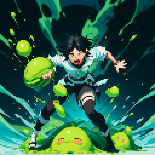 slime surging up around someone, slime engulfing a hero, slime consuming a hero, hero getting engulfed by slime, slime attack, dynamic, slime slamming into someone, impact, splashing slime, full-body image, full-body art, black hair, white outfit
