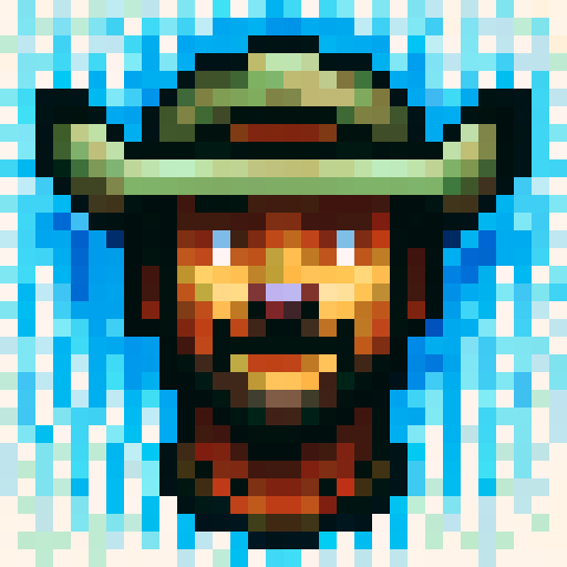 cowboy wearing a dusty brown hat, squinting under the sun, with a thick beard and piercing blue eyes, holding a revolver in his right hand and a lasso in his left, ready to rope a wild bull