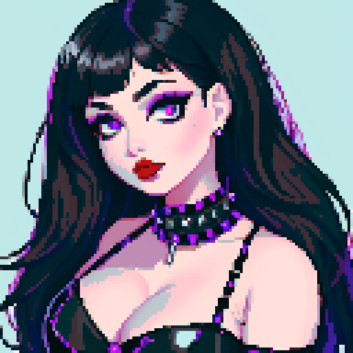 curvy, cute busty goth woman's face, whole head portrait, black hair, purple eyeshadow, red lipstick, low cut black halter top, studded collar, vibrant sRGB colors, pixel art, edgy aesthetic.