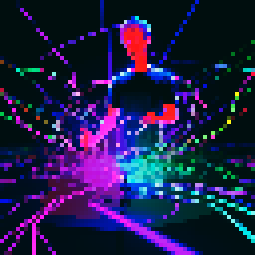 pixelated Marc Zuckerberg casting a spell, glowing lines of code swirling around him, holographic machine learning models floating in the air, vibrant colors illuminating the dark room, digital sparks flying from his fingertips
