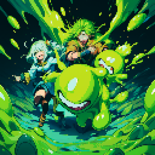 slime surging up around someone, slime engulfing a hero, slime consuming a hero, hero getting engulfed by slime, slime attack, dynamic, slime slamming into someone, impact, splashing slime, full-body image, full-body art