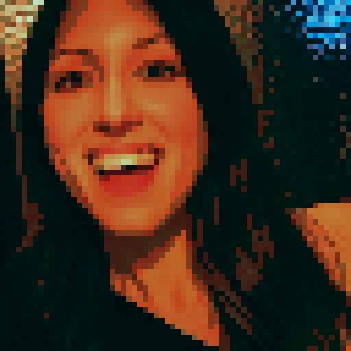 Pixelated anime girl with fluffy cat ears, neon lights reflecting off her shiny black hair, playful pose with mischievous eyes, surrounded by a rainbow of vibrant colors in pixel art style