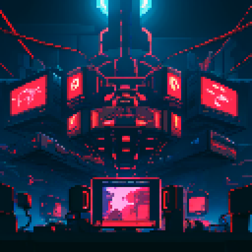 giant futuristic computer banks, vivid red monitors, hanging cables and cords, bioorganic towers of machines, dark fog, snaking cables on pixel art