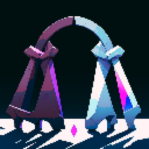 Relic made of two triangles facing each other, with two circles below. Triangles and circles are black and white, with a purple glow emitting from the relic