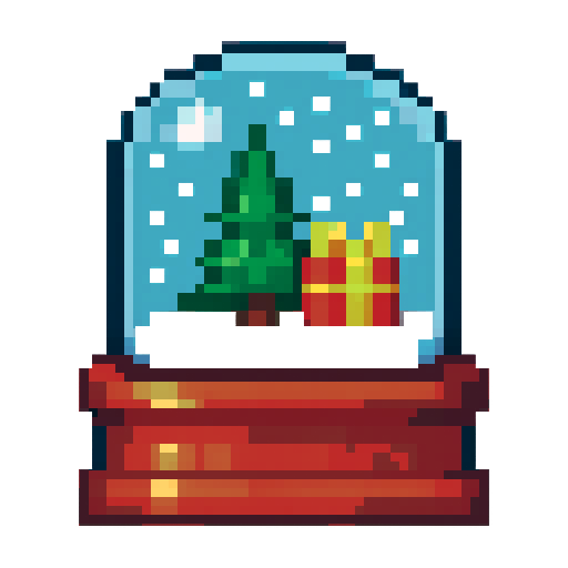 “Create a Winterfest-themed Growtopia-style snow globe item. Use true Growtopia pixel-art style: small pixel sprite, crisp edges, dark but slightly tinted outlines, and simple 2–3 shade color ramps. Add the signature Growtopia glossy highlight—small bright specular spots where the light hits the glass dome and the base. Inside the globe, include tiny falling snow particles and a festive Winterfest detail, like a mini fir tree or gift box. No blur, no anti-aliasing, pixel-perfect, transparent bac