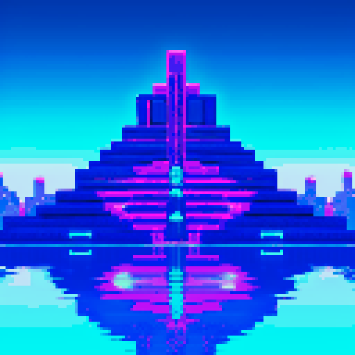 technological Ziggurat, shimmering in neon hues, surrounded by frozen waters reflecting the pixel art skyline