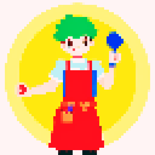 Cute, vibrant, playful chef, apron, juggling utensils, pixel art, colorful, solid background, sRGB