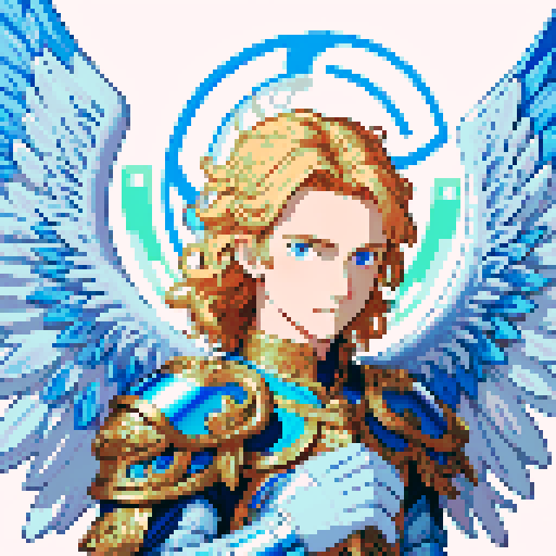 handsome angel with flowing golden hair, vibrant blue eyes, and feathery white wings, clad in intricately designed armor, surrounded by a celestial aura, set against a pixel art background with vibrant sRGB colors