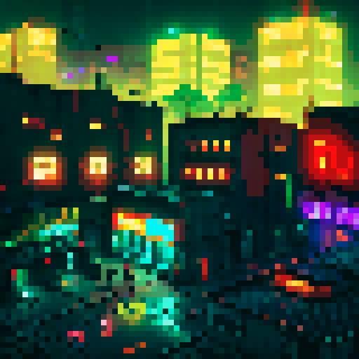 Dystopian noir city, brutalist arena with neon lights, rundown house with rusted metal roof, black market with shady neon signs, tall apartment buildings with bright, illuminated windows, overgrown trees, moody lighting, mist and shadows blending, pixel art, sRGB