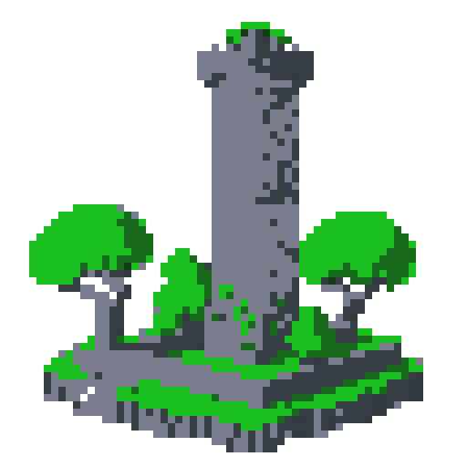 2d grey stone tower in an ancient english style. Old and crumbling but still upright. Green vines crisscross it. Usable as an asset (clear, thick lines and a white background). Put a black stroke around the composition