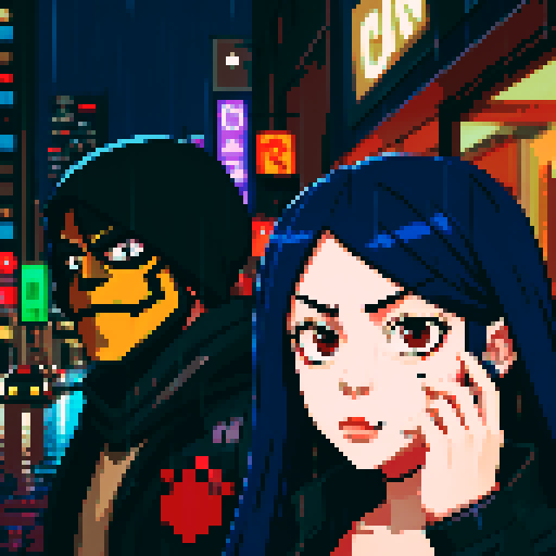 Girl on the right smoking a cigarette, guy on the left holding a gun with a black mask covering his face, gritty, rainy, nighttime, downtown