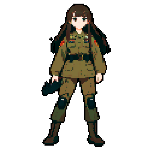 young girl, large round eyes, brown hair, brown eyes, wearing combat army uniform, a full-body standing pose, clean and detailed, game icon, centered composition, beautiful girl, long flowing hair, detailed eyes, slim figure, soft smile, round face, like Japanese anime