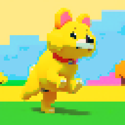 cute, furry, yellow dog with floppy ears and a wagging tail, running through a vibrant, 8-bit pixelated meadow, surrounded by vibrant, saturated sRGB colors