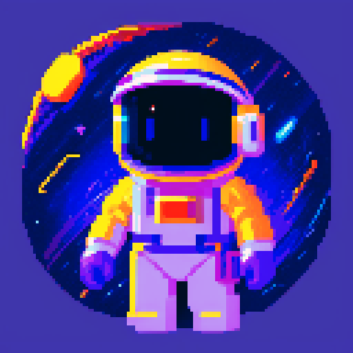 space traveler in vibrant pixel art spacesuit, reflective visor on helmet, swirling galaxies, twinkling stars, celestial wonders, purple / celestial space color palette