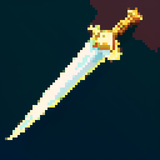 fantasy sword, shimmering, sharp-edged, golden hilt, fantastical, majestic, ancient, pixelated brilliance, mesmerizing