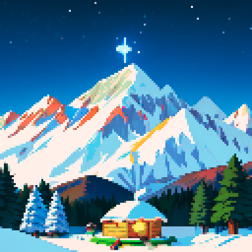 snowy mountain range ski town with a tiny lodge, igloo, campsite, cold, pixel art, sRGB, christmas themed