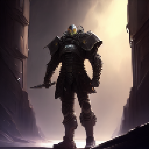 Zippered, armored warrior with intense eyes and a gleaming sword in hand, confronting an imposing fortress nestled in a magical, mythic realm, rendered in a dynamic, high-fantasy RPG aesthetic.