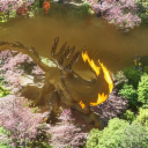 Colossal dragon with majestic wingspan casts shadow over verdant woodland, breathing scorching flames that set ablaze foliage, as armored heroes wielding magical weapons and shields stand firm in epic anime battle.
