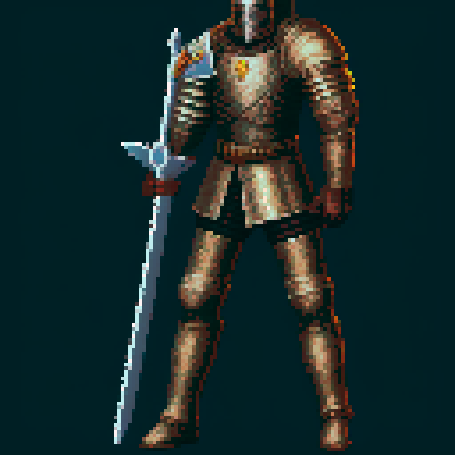 pixel art picture of a human male knight with a two-handed great sword, detailed shading, and smooth lines, heavy armor, confident stance, muscular build, armored helmet, deep red and gold armor, detailed sword, detailed shading, smooth lines, running, swinging sword