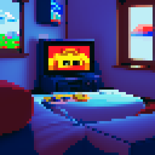 n64 game console in cozy room with the image of a cabin on the screen saying "start"