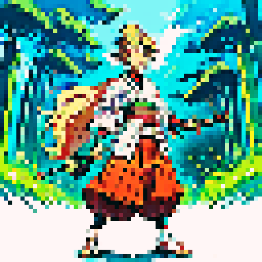 Samurai Benjie, a friendly blonde haired teenage red panda with a kind and extroverted personality. He wears traditional samurai armor adapted for a red panda—lightweight with bamboo elements and decorative accents. Benjie stands in a relaxed pose, holding his slingshot at his side. His expression is friendly and determined. The style is colorful, whimsical, and enchanting, inspired by Miyazaki films like My Neighbor Totoro or Princess Mononoke.