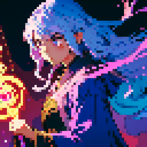 legendary anime girl wizard, long flowing hair, vibrant and dynamic colors, glowing magical staff, intricate and ornate robes, intense and focused expression, sparkling and shimmering background, detailed and precise pixel art