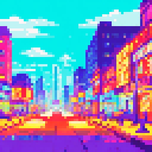 vibrant colors, retro aesthetic, bustling city street, neon signs, crowded marketplace, towering skyscrapers, steam rising from manhole covers, rain-soaked pavement