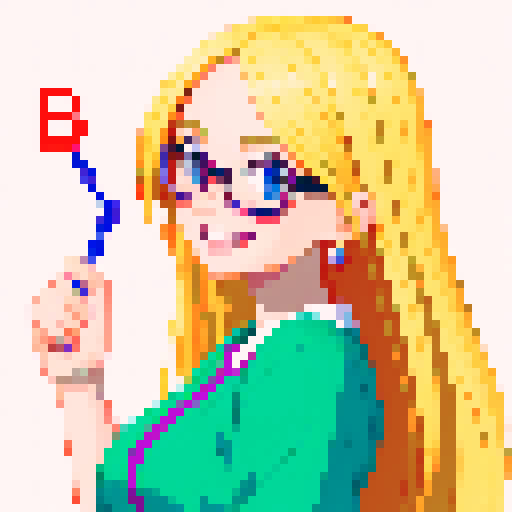 Smart girl with glasses, with average breasts, mathematics, playful, cheerful, smiling, with a pointer in her hand, face, long blond hair, character portrait, rendered in a vibrant anime style with intricate pixel art details