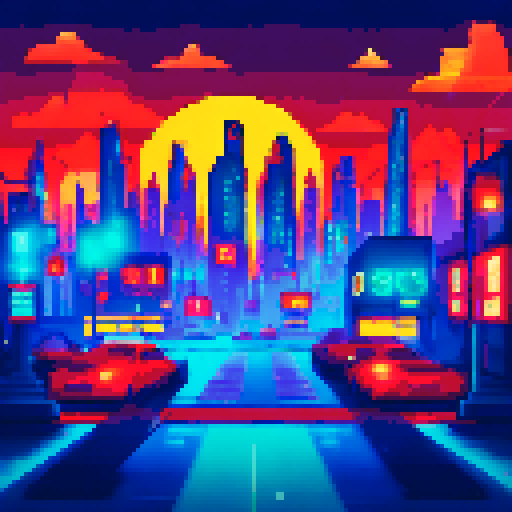 city silhouette, sRGB, pixel art, skyline, vibrant colors, towering skyscrapers, glowing windows, bustling streets, illuminated billboards, lively nightlife, reflective surfaces, busy traffic, twinkling stars, moonlit clouds, sprawling cityscape, dynamic composition, atmospheric perspective, urban energy, architectural details, dramatic shadows, neon signs, futuristic aesthetic, glowing street lamps, geometric shapes, digital art