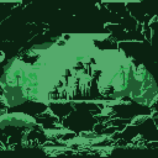 evil lair, eerie cave entrance with glowing, bioluminescent mushrooms lining the walls, casting an otherworldly light onto the rugged, moss-covered ground, creating a mysterious and enchanting pixel art background