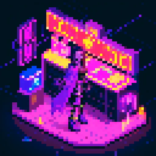 magic mage cyberpunk girl with vibrant purple hair, glowing tattoos, and a flowing cloak, surrounded by holographic neon signs and futuristic market stalls, all rendered in pixel art with a vivid sRGB color palette