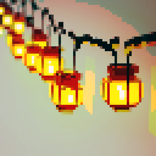 small garland, colorful lanterns, hanging, pixelated style, sRGB