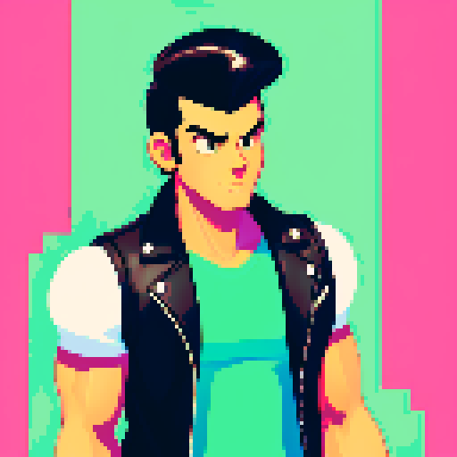 semi muscular greaser with pompadour and leather vest, vibrant sRGB colors, retro arcade game style