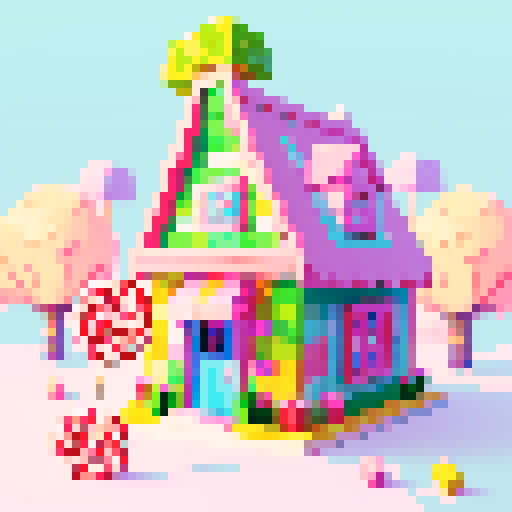 candy house with lollipop trees, pastel colors