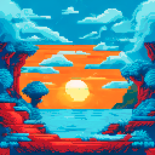 vertical underwater scene, bright fish fleeing, trawl chasing, fish hooks, sea mines, nests, fishing boat launching hooks, bright, sunny, atmospheric, pixel art, sRGB