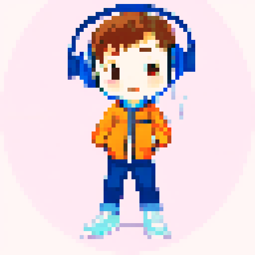 Chibi boy with rosy cheeks, wearing large headphones and a huge puffy jacket, looking from a highly detailed first person point of view, indie game style avatar