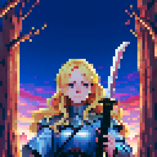 blonde swordswoman, fantasy RPG, dystopian, forest