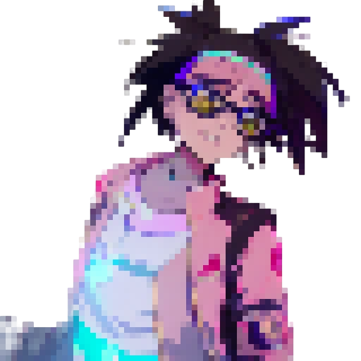 Rainbow-haired girl with oversized glasses and a flowing dress dances under a starry sky, surrounded by neon lights and futuristic cityscapes, in a vibrant anime style.