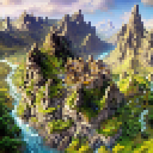 Majestic dragon soaring over vibrant rolling hills dotted with enchanting castles and towering waterfalls cascading into crystal-clear rivers, all within a fantastical RPG realm.