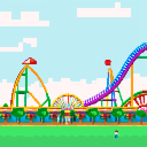 Amusement park, vibrant roller coasters, whimsical carousels, towering ferris wheels, vibrant colors, pixel art
