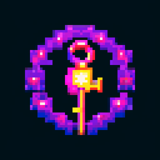 magical key, glowing with vibrant colors, surrounded by mystical symbols, rendered in intricate pixel art, against a background of dark sRGB hues
