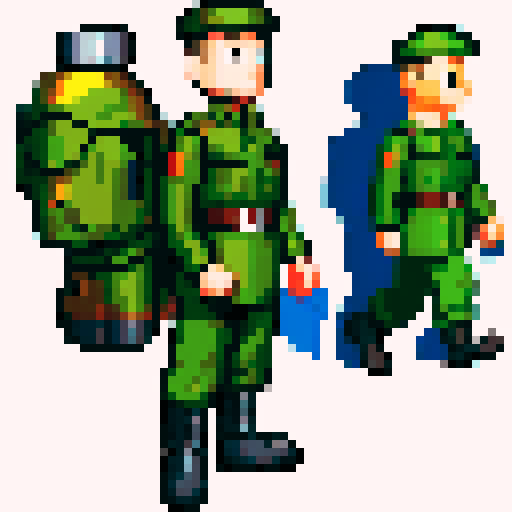 Soldier from the First World War, Tintin-style, pixel art sprite, walking animation first frame, vibrant colors, detailed uniform, sRGB