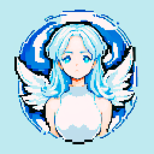 
Beautiful, ethereal angel with shimmering wings and flowing, liquid-like chrome body, rendered in minimalist pixel art with vibrant, dazzling sRGB colors. Big anime eyes. Visible nose 