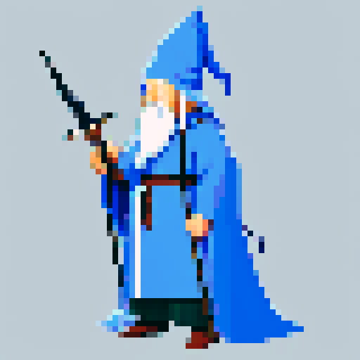 Wizard, pointy hat, sword and staff, long robe, think Gandalf