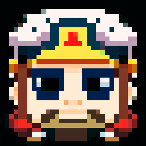 Create a pixel art portrait of a person wearing Pokemon-style clothing, including a cap with the Triforce logo from The Legend of Zelda. The person is bald and has a beard goatee