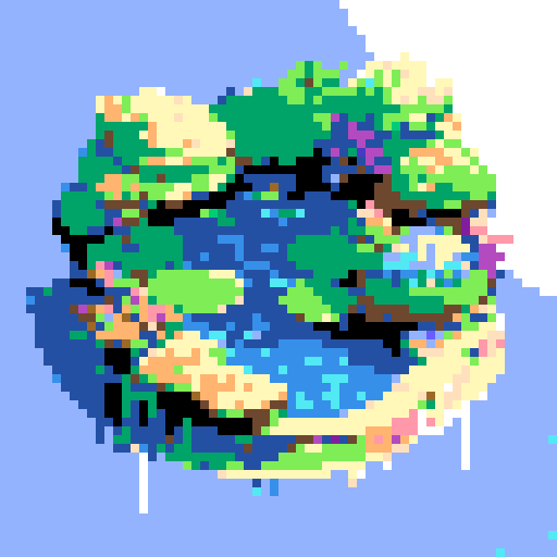 yellow duck in a pond, surrounded by lush greenery and reflecting sunlight in a serene pond with shimmering ripples and pixelated waves, creating a tranquil atmosphere in a picturesque landscape with vibrant colors using intricate pixel art in the sRGB palette