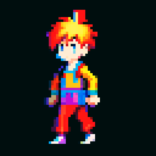 2D pixel character walking in a vibrant, retro pixel art style with a palette of bright, saturated colors and a limited number of pixels, creating a nostalgic and visually striking image