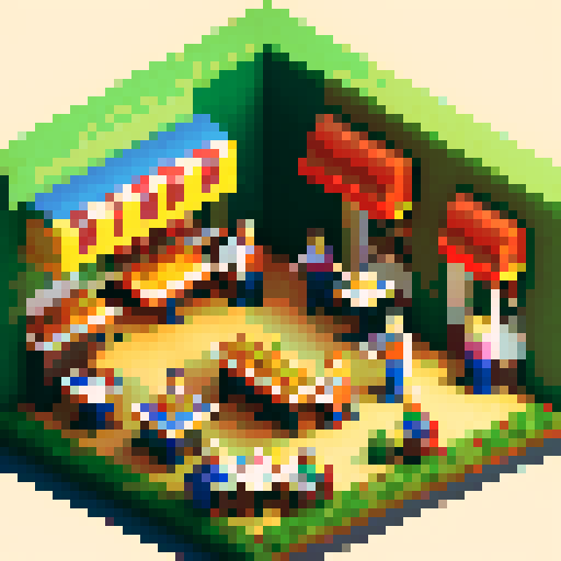 bustling Dining hall with characters eating burgers and a worker at a checkout desk in the center