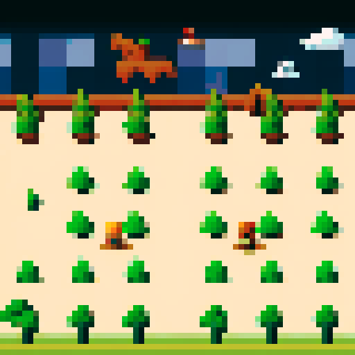 hero on a mountain terrain, rocky critters, trees in pixel art style